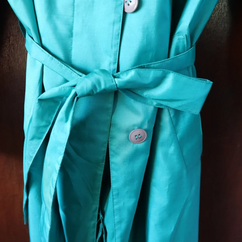 British Mist Vintage ALORNA Teal Women's Raincoat‎ Trench Coat Belted Size 15/16
